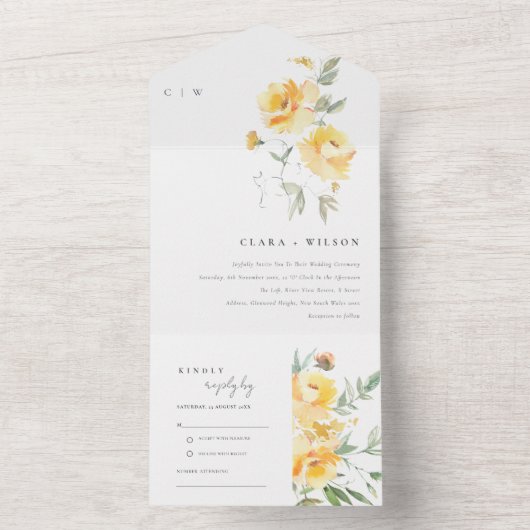 Geel groen Waterverf Roos Vloerbunch bruiloft All In One Uitnodiging (Binnen)