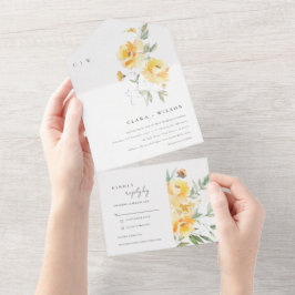 Geel groen Waterverf Roos Vloerbunch bruiloft All In One Uitnodiging