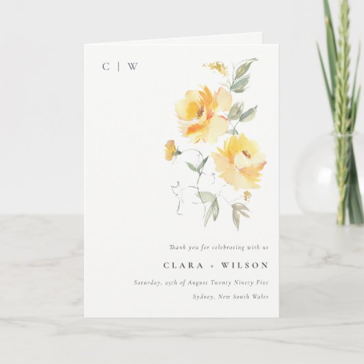 Geel groen Waterverf Roos Vloerbunch bruiloft Bedankkaart (Voorkant)