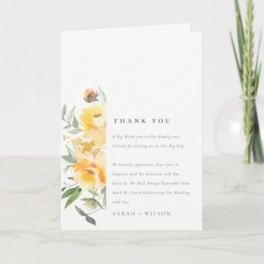 Geel groen Waterverf Roos Vloerbunch bruiloft Bedankkaart (Voorkant)