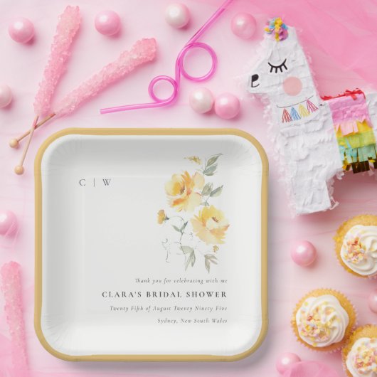 Geel groen Waterverf Roos Vloerbunch bruiloft Papieren Bordje (Feest)