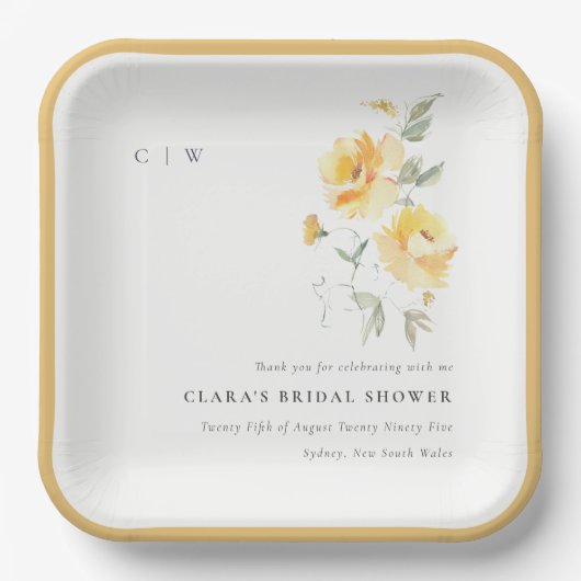 Geel groen Waterverf Roos Vloerbunch bruiloft Papieren Bordje (Voorkant)