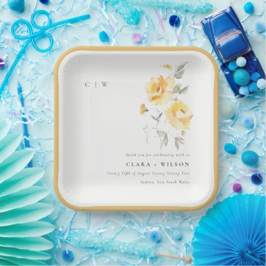 Geel groen Waterverf Roos Vloerbunch bruiloft Papieren Bordje (Feest)