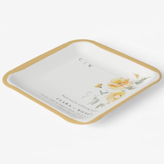 Geel groen Waterverf Roos Vloerbunch bruiloft Papieren Bordje (Gebogen)