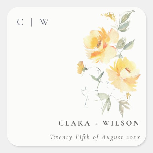 Geel groen Waterverf Roos Vloerbunch bruiloft Vierkante Sticker (Voorkant)