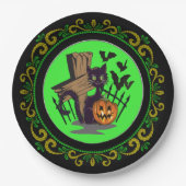 Geel Groen Zwart Kat Tombstone Bats Halloween Papieren Bordje (Voorkant)