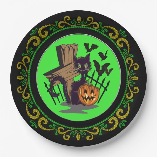 Geel Groen Zwart Kat Tombstone Bats Halloween Papieren Bordje (Voorkant)