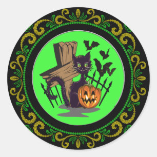 Geel Groen Zwart Kat Tombstone Bats Halloween Ronde Sticker