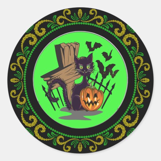 Geel Groen Zwart Kat Tombstone Bats Halloween Ronde Sticker (Voorkant)