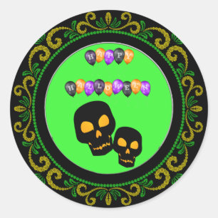 Geel Groen Zwart Schedels Gelukkig Halloween Ballo Ronde Sticker