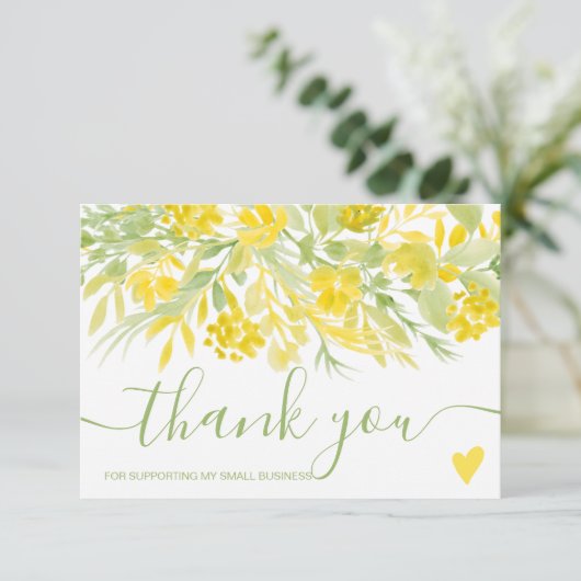 Geel groene bloemen waterverf orde dank u bedankkaart (Staand voorkant)