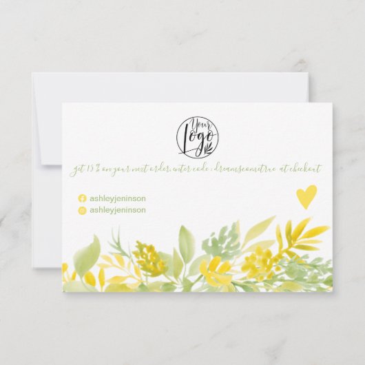 Geel groene bloemen waterverf orde dank u bedankkaart (Achterkant)