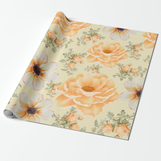 Geel Groene Waterverf Bloemen Cadeaupapier (Uitgerold)