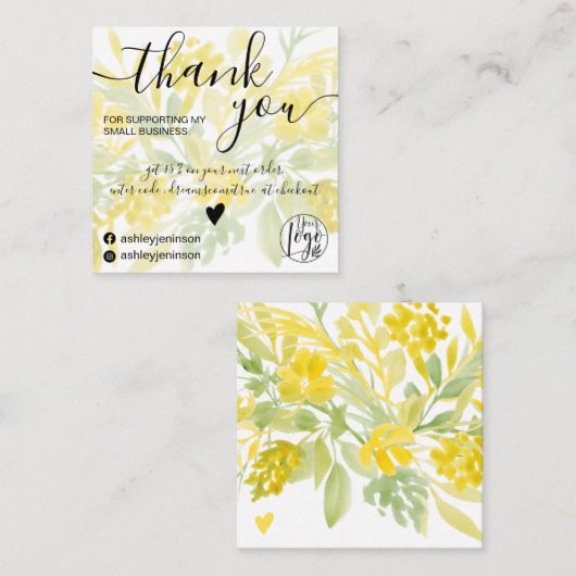 Geel groene waterverf girly orde dank u vierkante visitekaartje (Voorkant / Achterkant)