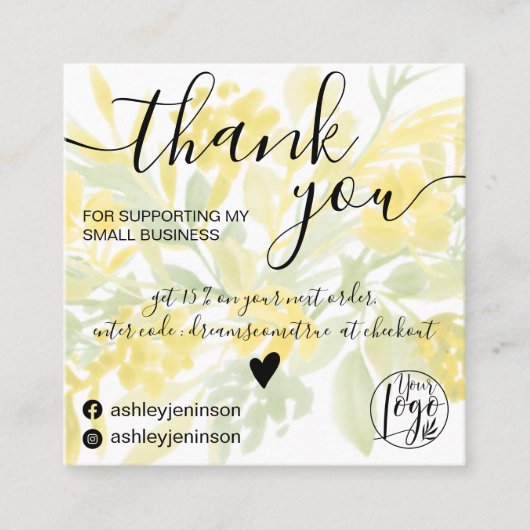 Geel groene waterverf girly orde dank u vierkante visitekaartje (Voorkant)