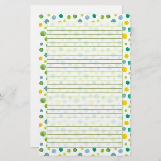 Geel Groene Waterverf Polka Dots Lined Briefpapier (Voorkant / Achterkant)