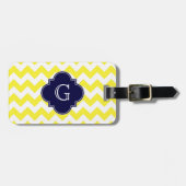 Geel groots Chevron Navy Blue Quatrefoil Monogram Bagagelabel (Voorkant horizontaal)