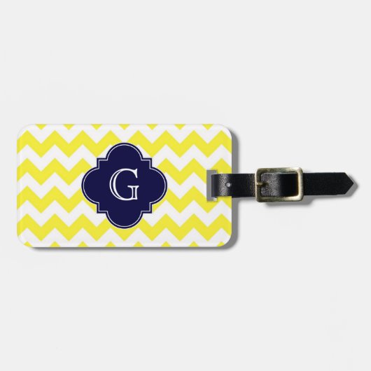 Geel groots Chevron Navy Blue Quatrefoil Monogram Bagagelabel (Voorkant horizontaal)
