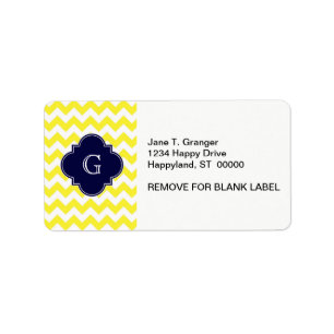 Geel groots Chevron Navy Blue Quatrefoil Monogram Etiket