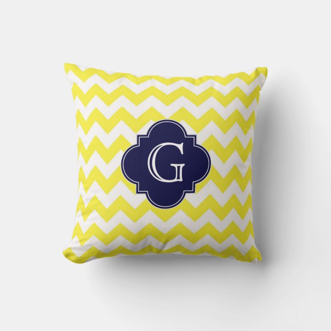 Geel groots Chevron Navy Blue Quatrefoil Monogram Kussen (Voorkant)