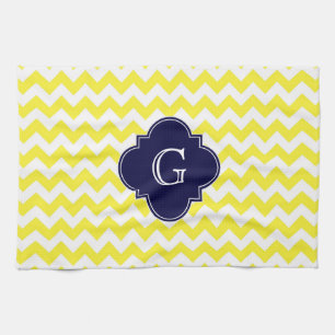 Geel groots Chevron Navy Blue Quatrefoil Monogram Theedoek