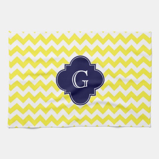Geel groots Chevron Navy Blue Quatrefoil Monogram Theedoek (Horizontaal)