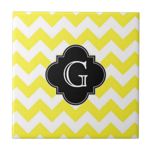 Geel groots Chevron ZigZag Blk Quatrefoil Monagram Tegeltje