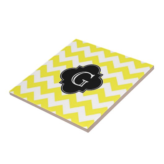 Geel groots Chevron ZigZag Blk Quatrefoil Monagram Tegeltje (Zijkant)