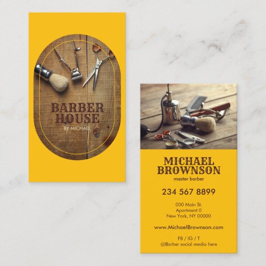 geel haar stylist Rustic Wooden BarberShop Visitekaartje (Voorkant / Achterkant)