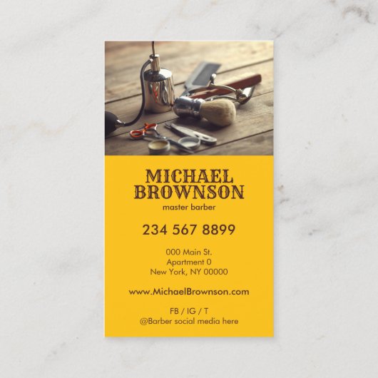 geel haar stylist Rustic Wooden BarberShop Visitekaartje (Achterkant)