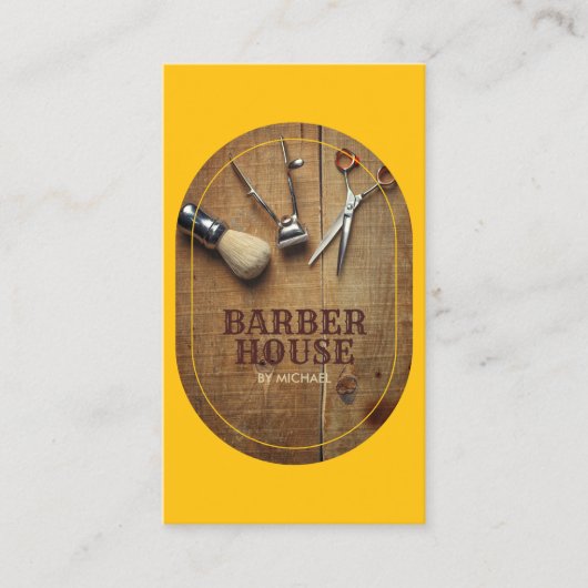 geel haar stylist Rustic Wooden BarberShop Visitekaartje (Voorkant)