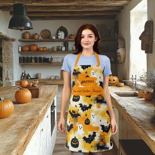 Geel Halloween met geesten, pompoenen en vleermuiz Schort