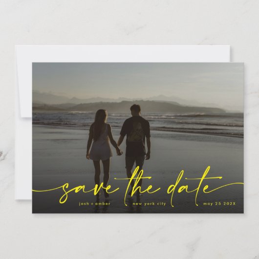Geel handschrift Modern Foto: Verlichtend Save The Date (Voorkant)