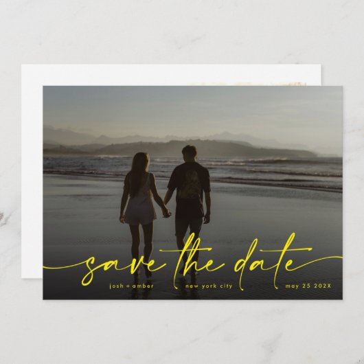 Geel handschrift Modern Foto: Verlichtend Save The Date (Voorkant / Achterkant)