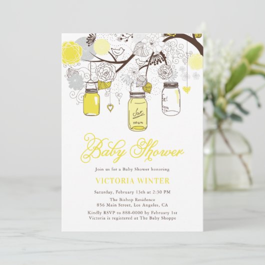 Geel hanging Mason Jars Floral Baby shower Kaart (Staand voorkant)