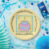 Geel Happy 1st Birthday Cake Name Persoonlijk Papieren Bordje (Feest)