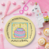 Geel Happy 1st Birthday Cake Name Persoonlijk Papieren Bordje (Feest)