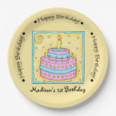 Geel Happy 1st Birthday Cake Name Persoonlijk Papieren Bordje (Voorkant)