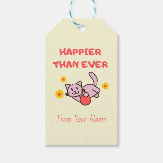 Geel Happy Cat met Flowers Gift Labels Cadeaulabel (Voorkant)