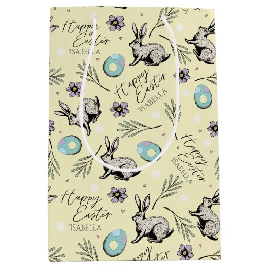 Geel Happy Easter Naam Bunny Medium Cadeauzakje (Voorkant)
