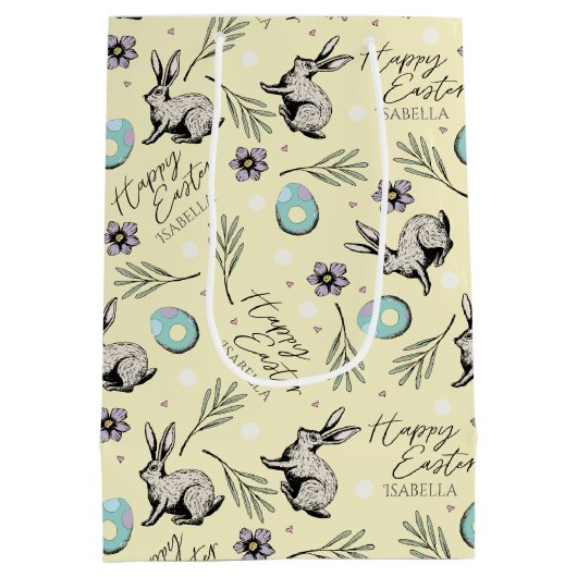 Geel Happy Easter Naam Bunny Medium Cadeauzakje (Achterkant)