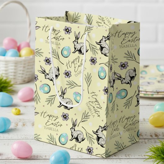 Geel Happy Easter Naam Bunny Medium Cadeauzakje