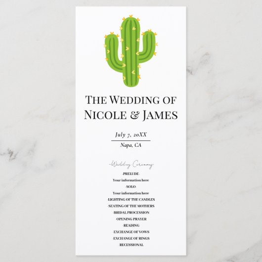 Geel Hart Cactus Feest Liefde Trouwprogramma Menu (Voorkant)