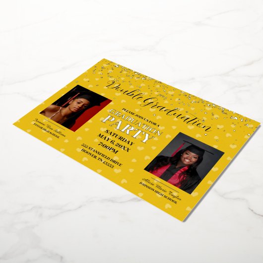 Geel hart Dubbel Afstuderen goud Folie Uitnodiging (Gedraaid)