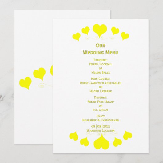 Geel Hart Ontwerp Bruiloft Menu (Voorkant / Achterkant)