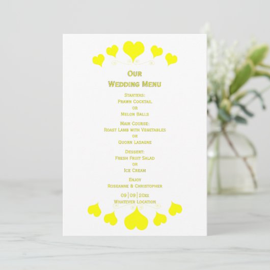 Geel Hart Ontwerp Bruiloft Menu (Staand voorkant)
