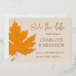 Geel herfst esdoornblad trouw save the date  folie uitnodiging