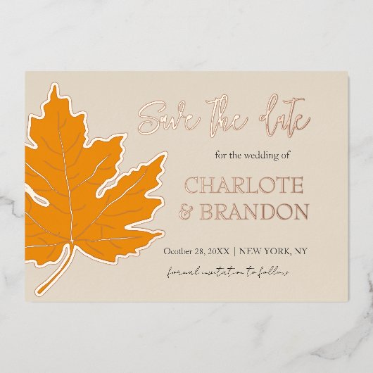 Geel herfst esdoornblad trouw save the date  folie uitnodiging (Voorkant)