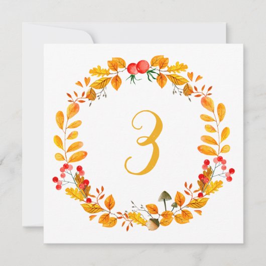 Geel herfsttafelnummer. Oranje herfstbruiloft Kaart (Voorkant)