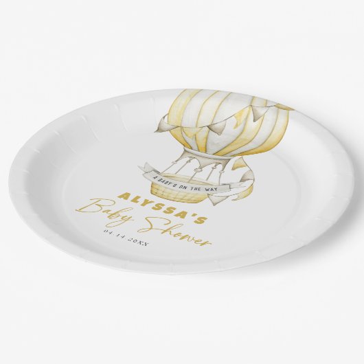 Geel Hete Luchtballon Baby shower Papieren Bordje (Gekanteld)